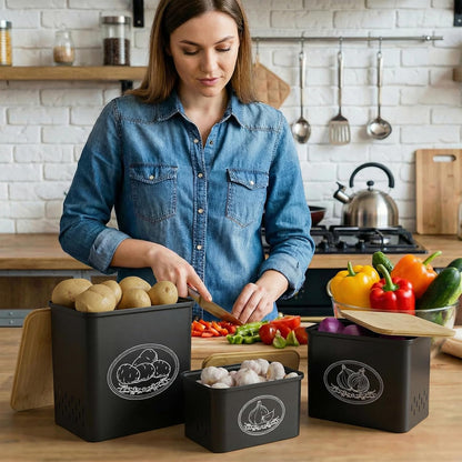 Lifewit Plastic Potato and Onion Storage Bin Box, Set of 3, White | Stackable Garlic Keeper, Vegetable Container Box, Aerating Holes & Lid for Pantry Countertop
