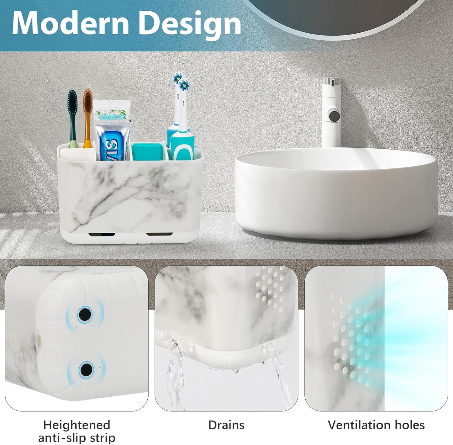 Boperzi Toothbrush and Toothpaste Holder Drainage for Bathroom Countertop with Adjustable Dividers, Large Toothpaste Caddy Organizer Storage Rustic Decor Set Anti-Slip for Shower,Family,Kids Gray