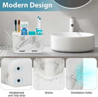 Boperzi Toothbrush and Toothpaste Holder Drainage for Bathroom Countertop with Adjustable Dividers, Large Toothpaste Caddy Organizer Storage Rustic Decor Set Anti-Slip for Shower,Family,Kids Gray