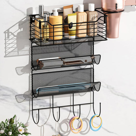 3 Tier Hair Tool Organizer Wall Mount, curling iron holder Basket, Black | Metal Mesh, Hair Dryer Holder, Bathroom Hair Styling Tool Organizer, Blow Dryer Holder, Hair Straightener Organizer