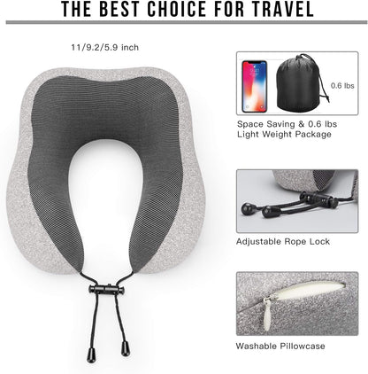 MLVOC Airplane Travel Neck Pillow for Sleeping, 3D-Eye Mask & Earplugs Kit | Curved Neck & Chin Support, Rope Lock Fit, Memory Foam Keeps It’s Shape, 3-in-1 Ki Includes: Eye Mask + Earplugs