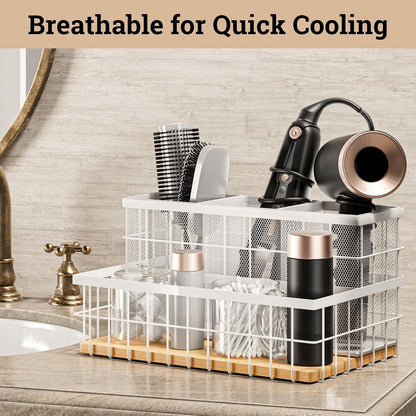 Hair Tool Organizer Countertop, Breathable Metal & Bamboo, Heat-Resistant | No Assembly Required, Removable Baskets, Heat-Resistant Iron, Bamboo Base, Spacious & Breathable Hot Tools Organizer Vanity
