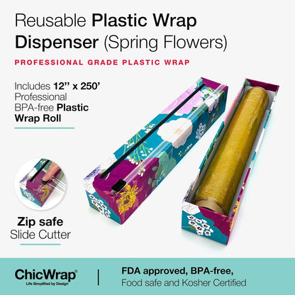 Chicwrap Veggies Refillable Plastic Wrap Dispenser - Includes One 12" x 250' Roll of Professional Grade Plastic Wrap - BPA Free and Kosher Certified - Reusable Dispenser w/Slide Cutter | Reusable Plastic Wrap Dispenser with Four Non-Slip Rubber Feet and