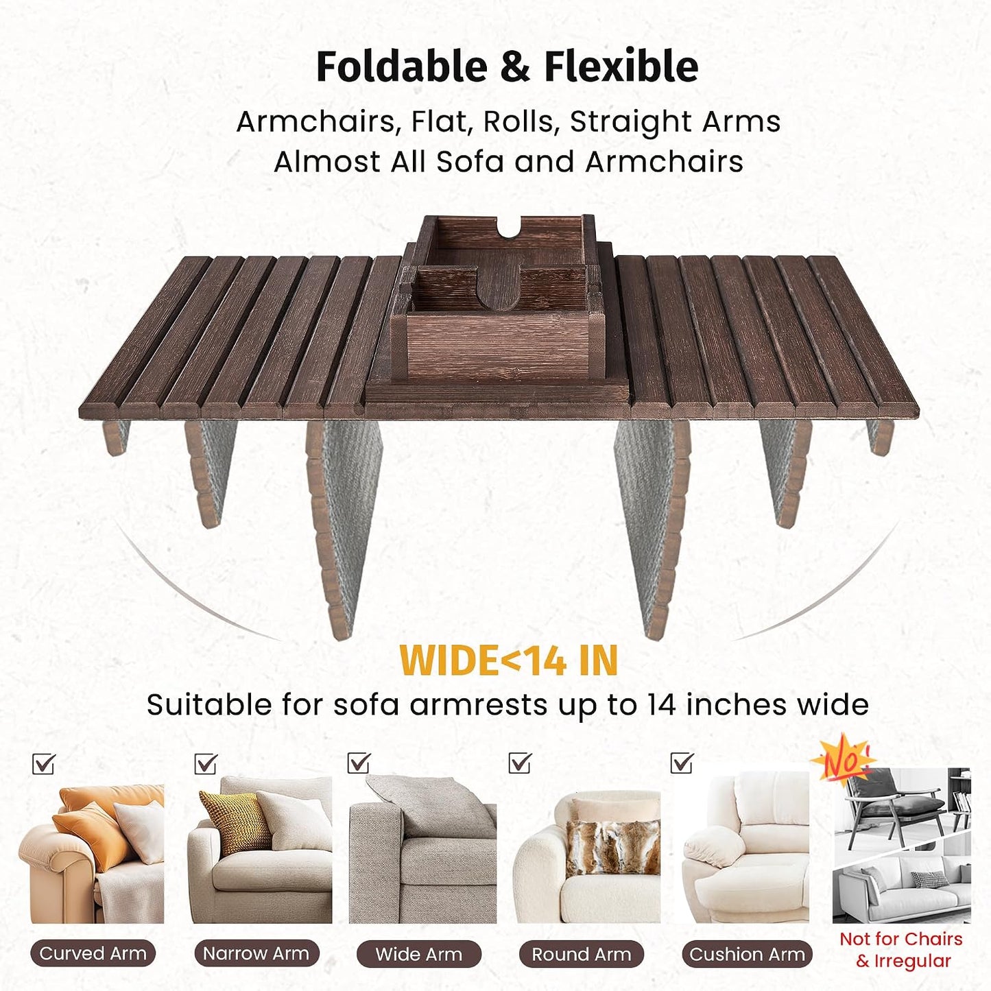 GEHE Couch Cup Holder, Anti Falling Sofa Arm Tray, Natural Bamboo Sofa Cup Holder More Safe for Your Family, Portable Couch Arm Tray Armrest Table for Remote, Snacks, Drinks