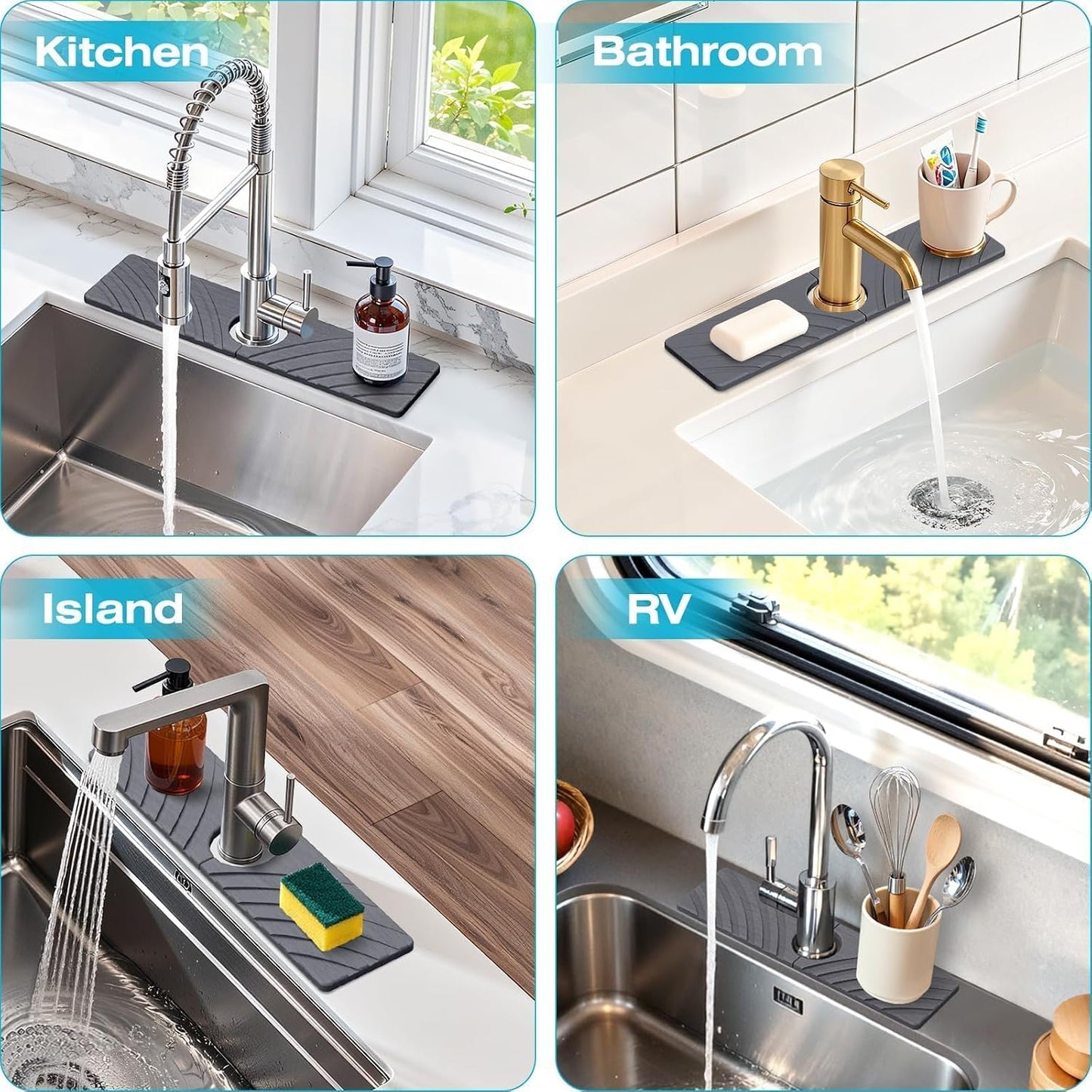 SpaceHacks Stone Faucet Mat for Kitchen Sink 23.7x4 in, Light Gray | Fast Drying Diatomite Stone Drying Mat, Water Splash Guard, Textured Drainage Sink Protector, Suits Bathroom&Kitchen Counter