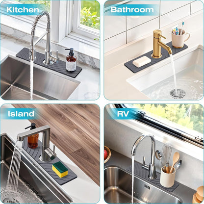 SpaceHacks Stone Faucet Mat for Kitchen Sink 23.7x4 in, Light Gray | Fast Drying Diatomite Stone Drying Mat, Water Splash Guard, Textured Drainage Sink Protector, Suits Bathroom&Kitchen Counter