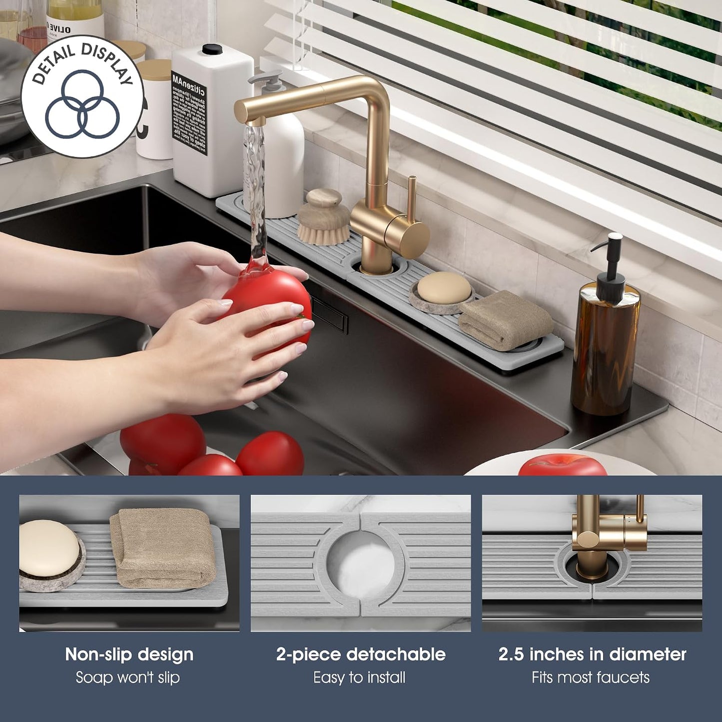Quick Drying Stone Faucet Mat for Kitchen Sink - Diatomite Sink Mat Absorbing Stone Tray for Bathroom Counter, Sink Faucet Splash Guard Water Protector Matt for Kitchen Counter(White, 14" x 3.9")