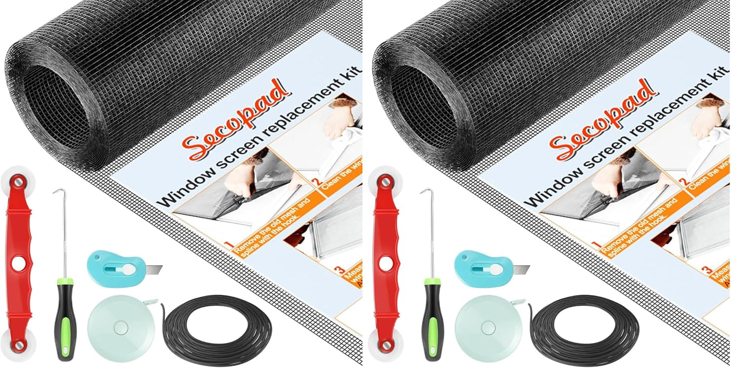 Secopad Window Screen and Screen Door Mesh Repair Kit, Black, 48in x 177in | Replacement Tools Kit, Easy to Install, Extra Large, Durable Fiberglass, Pet and Kid Friendly, For Window Door Patio & Porch