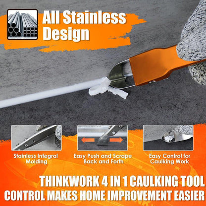 4 in 1 Silicone Caulking Tool Kit, Stainless Steel Caulk Remover Tool | Durable Construction, Quick & Easy to Use, 5 Replaceable Silicone Pads, Protective Gloves, Remove, Apply & Finish Caulk