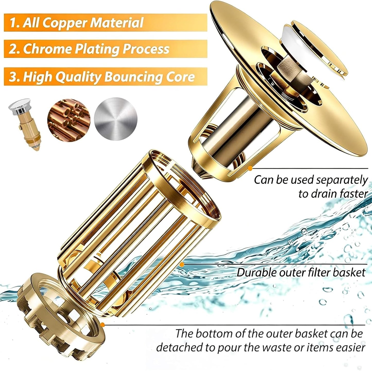 Anlige Bathroom Sink Drain Strainer, 3 in 1 Pop Up Bathroom Sink Stopper with Removable Brass Basket Hair Catcher, Universal Sink Plug for 1.06 to 1.6in Drain Hole, Chrome Silver