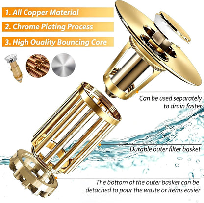 Anlige Bathroom Sink Drain Strainer, 3 in 1 Pop Up Bathroom Sink Stopper with Removable Brass Basket Hair Catcher, Universal Sink Plug for 1.06 to 1.6in Drain Hole, Chrome Silver