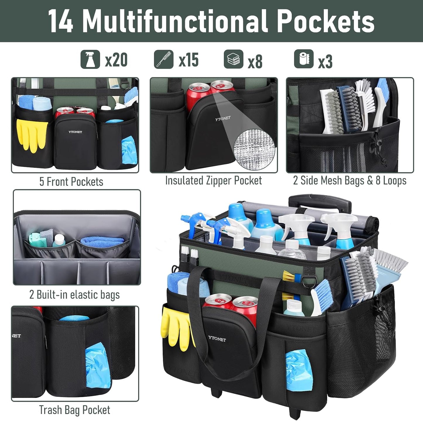 Ytonet Cleaning Caddy with Wheels, Extra Large Rolling Cleaning Caddy Bag | with Detachable Trolley for Housekeepers, Water Resistant Cleaner Supplies Organizer with Wheels for Kitchen, Tool Organizer