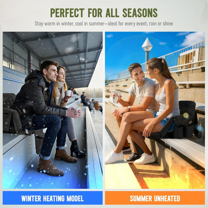 Overmont Heated Wide Stadium Seats 2 Pack, Dual-Zone Heat | 3 Heat Levels with Independent Control, 6 Recline Positions, Soft Cushion, Hooks and Pockets for Sport Camping Concerts