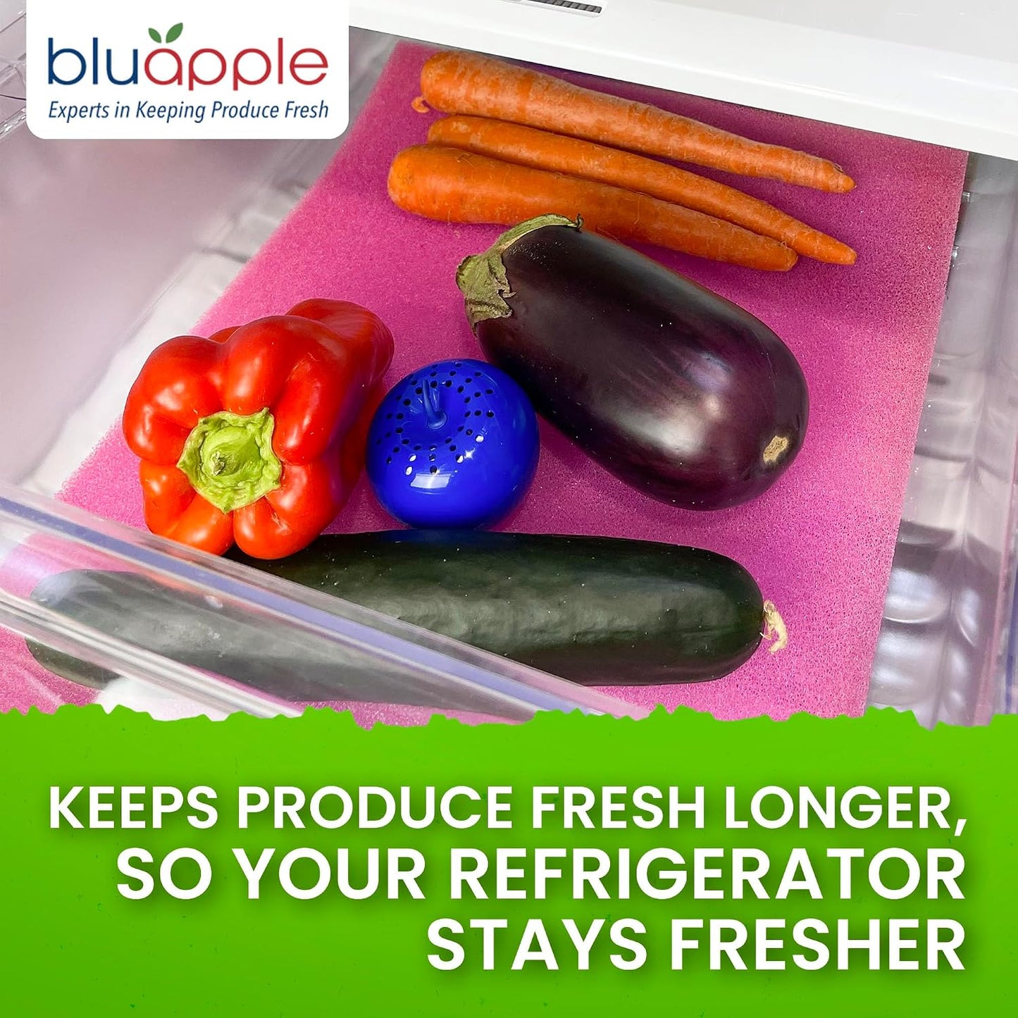Bluapple FreshMats - Refrigerator Bin Liners, Fridge Drawer Mats - Keeps Produce Fresh Longer, Prevents Bruising, Promotes Air Circulation - BPA-Free Polyurethane Foam - (4-Piece Set, 12"x15", Green)