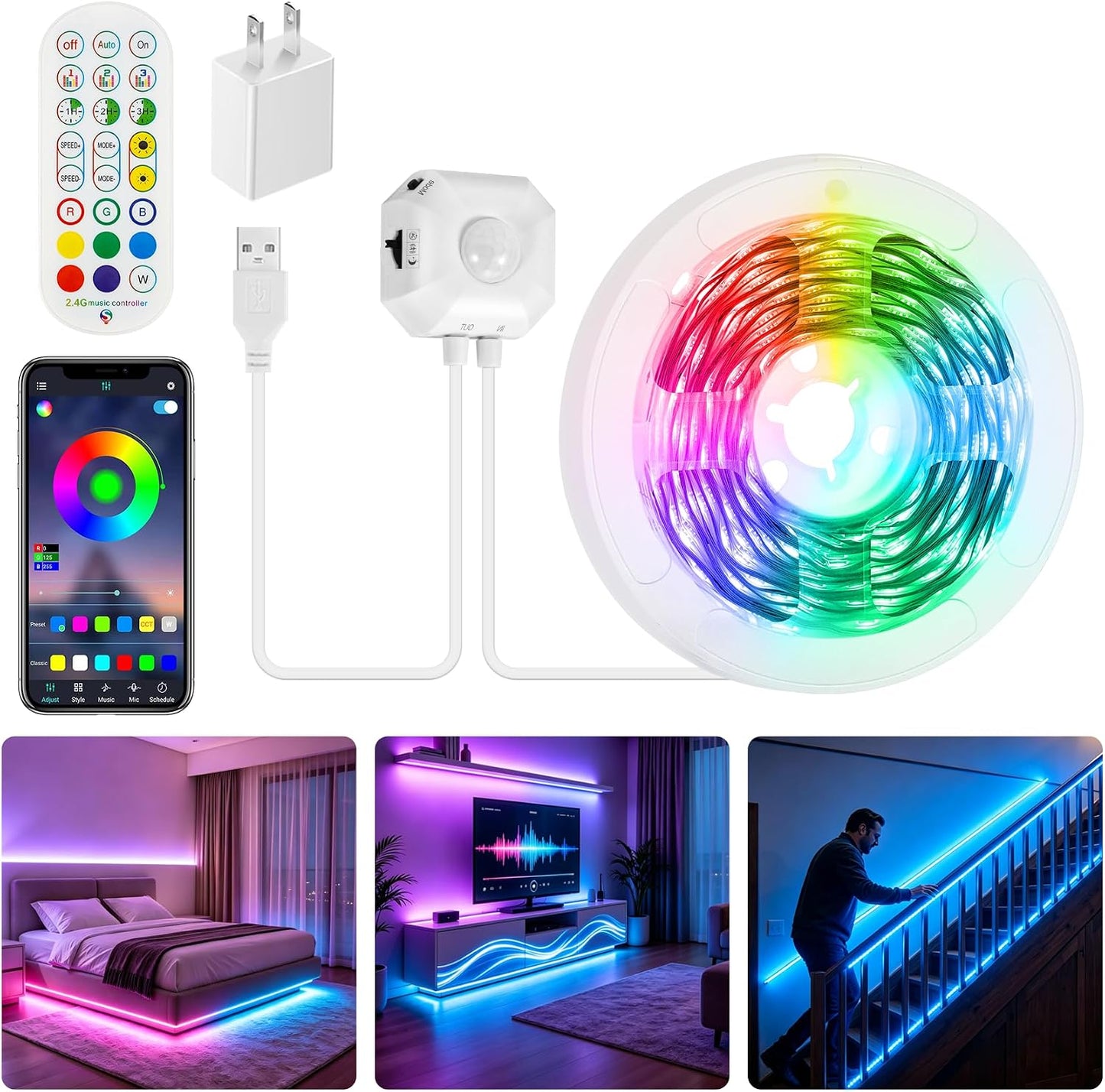 Motion Activated LED Strip Under Bed Lights 9.8Ft RGB, Remote & App Control | Motion Sensor Strip Light Indoor, Music Sync,Auto On/Off RGB Color Changing Night Light USB Powered for Bedroom Cabinet TV PC