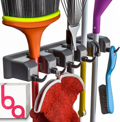 Broom Holder Wall Mount, Broom and Mop Organizer Wall Hanging Rack & Hanger | (Black) Broom Hanger Wall Mount, Mop and Broom Holder Wall Mount, Mop Holder, Hanger for Brooms and Mops, 5 Slots 6 Hooks