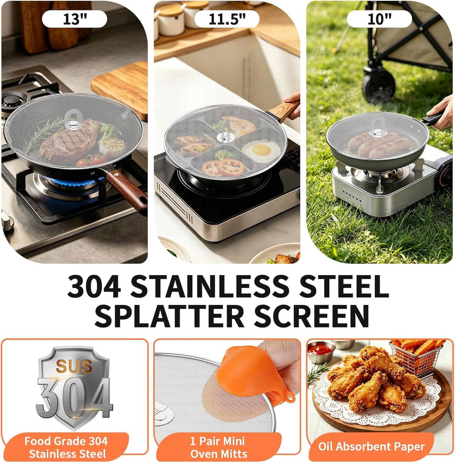 Splatter Screen for Frying Pan, 3-Pack 10" 11.5" 13" 304 Steel | Silicone oven mitts and foldable handle included. Dishwasher safe 304 stainless steel splash guard fits most pans.
