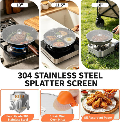 Splatter Screen for Frying Pan, 3-Pack 10" 11.5" 13" 304 Steel | Silicone oven mitts and foldable handle included. Dishwasher safe 304 stainless steel splash guard fits most pans.