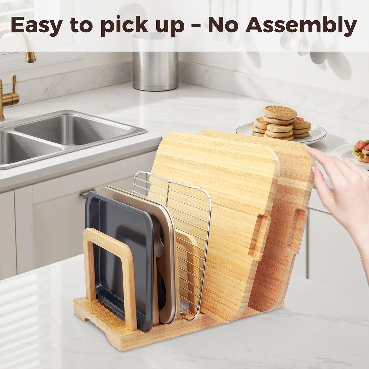 MinBoo Bamboo 5-Slot Adjustable Cutting Board Rack & Bakeware Organizer with Non-Slip Pads for Kitchen Storage,Small