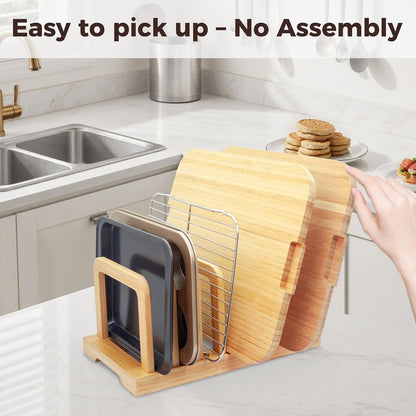 MinBoo Bamboo 5-Slot Adjustable Cutting Board Rack & Bakeware Organizer with Non-Slip Pads for Kitchen Storage,Small