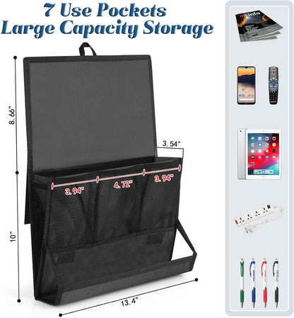 Bedside Caddy Organizer for Dorm Bed Rails with 7 Pockets, Gray | Bed Pockets Bedside Storage with Power Strip Holder & 2 Adjustable Straps for Home, College, Dorm, Hospital Bedside Organizer