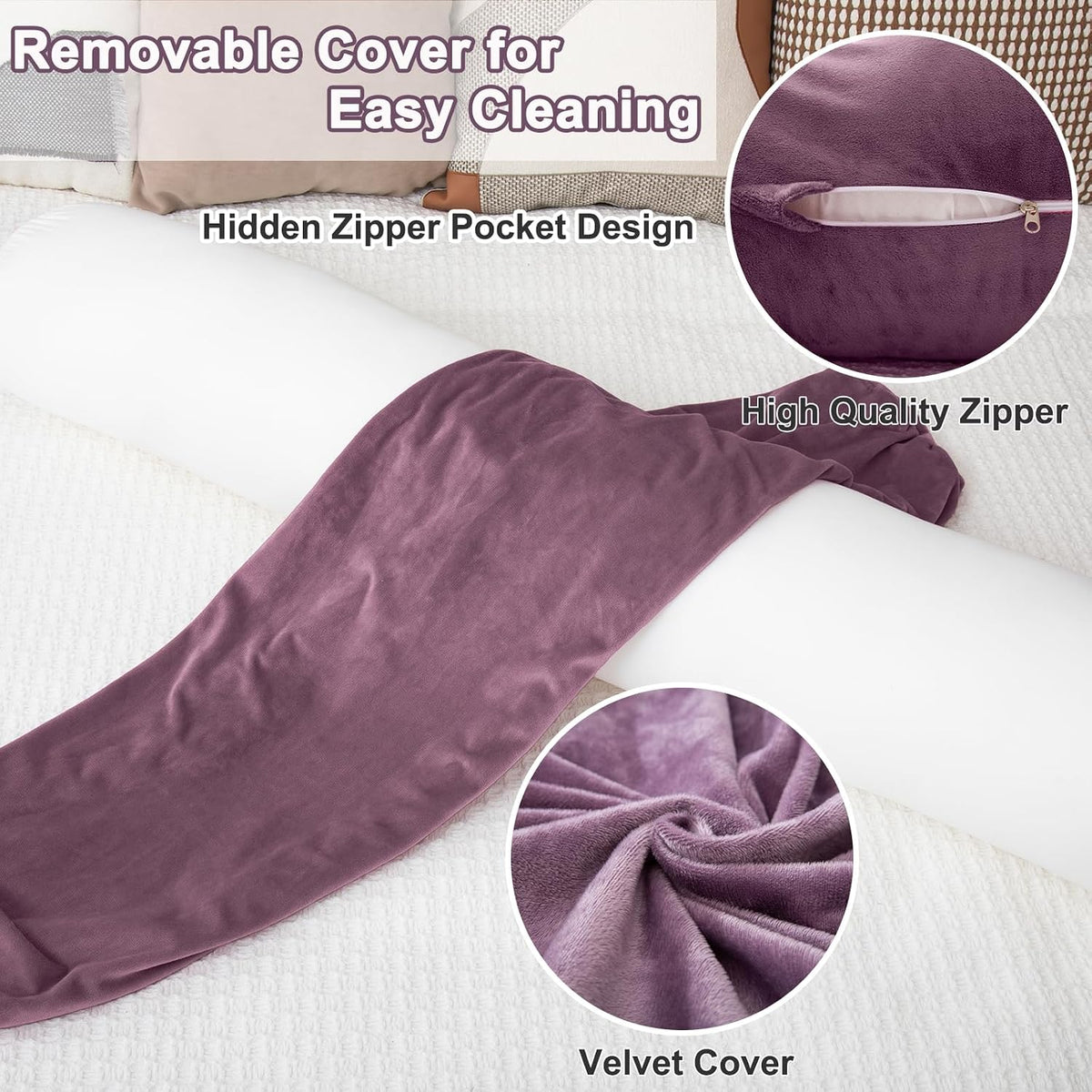 1 MIDDLE ONE Body Pillow for Adults, Bolster Pillow with Removable Velvet Cover, Long Round Cervical Roll Pillow, 35 x 7.87 Inches, Blue