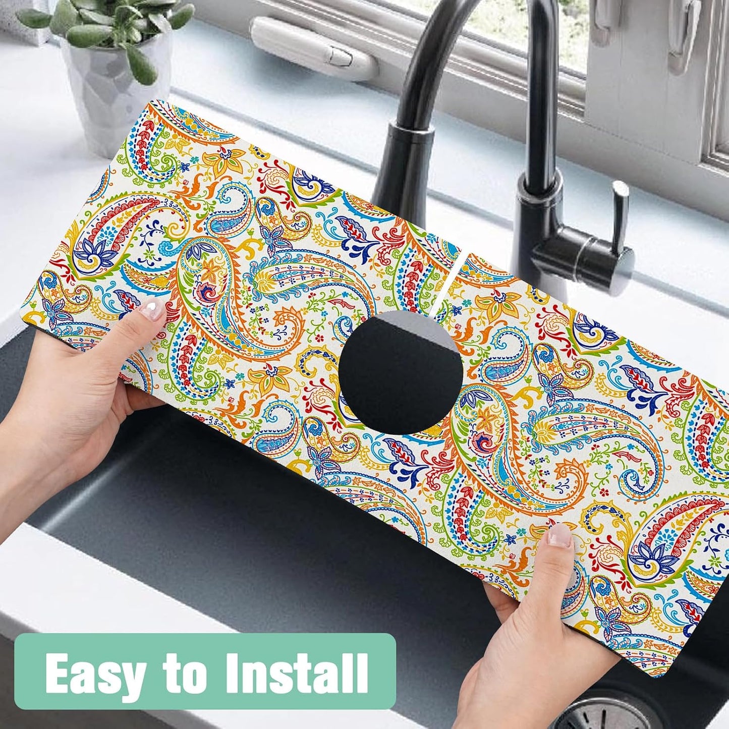 Kitchen Sink Splash Guard Faucet Mat 24" X 5.5" Tropical Leavesl Absorbent Fast Drying Mat Faucet Draining Mat Sink Splash Guard Behind Faucet Drip Catcher for Kitchen Bathroom