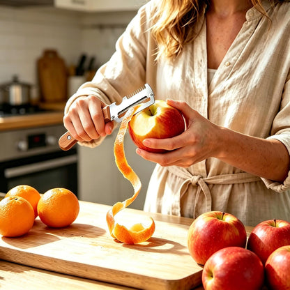 Multifunctional Vegetable Peeler,3 in 1 Stainless Steel Potato Peeler with Bottle Opener,Wooden Handle Fruit&Veggie Peeler for Kitchen,Carrot Apple Peeling Tool, GreenOnion Shredder Kitchen Gadget,1PC