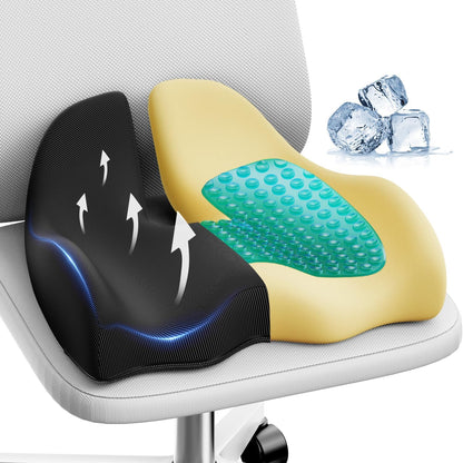 Benazcap Large Cooling Gel Memory Foam Seat Cushion for Long Sitting | Ergonomic cushion. Relieves sciatica, tailbone & lower back pain, great for office work, gaming and long-distance car travel.