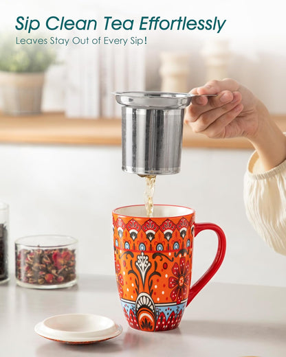 vancasso 18 Oz Tea Infuser Mug with Lid, Mint Petal Whirl | Eye catching Bohemian pattern, adds charm to any tea corner, ceramic mug with infuser, microwave and dishwasher safe