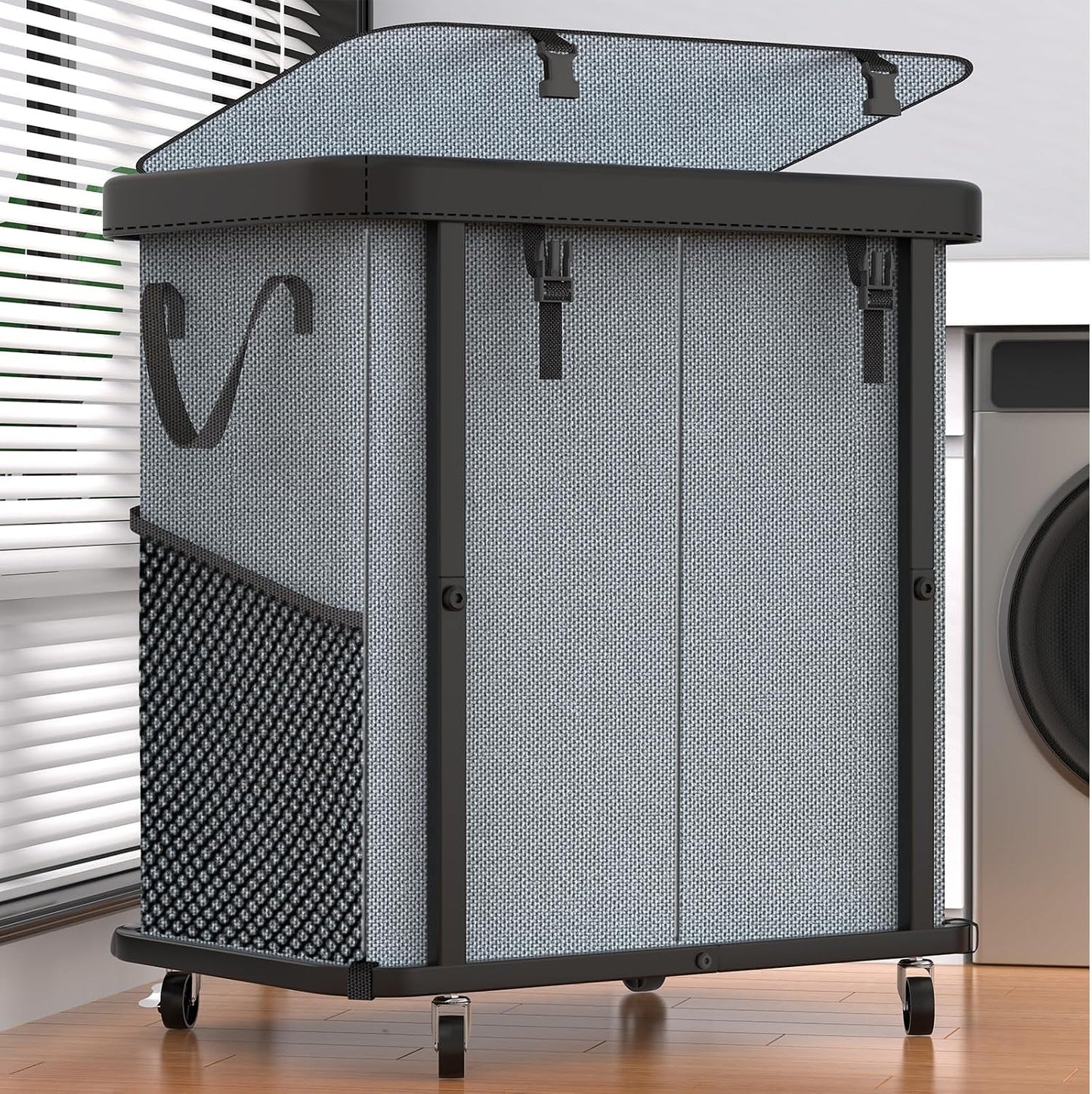 Laundry Hamper with Wheels,150L Leather Patchwork Clothes Hamper Black | Rolling Laundry Basket with Sturdy Metal Frame, Removable Washable Bag,Tall Clothes Sorter for Bedroom, Laundry Room, Dorm