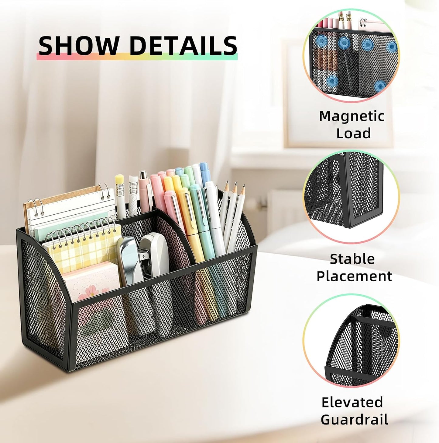 Magnetic Pencil Holder, Magnetic Organizer for Locker Accessories, Black | Mesh Marker Holder with Strong Magnets and 3 Compartments for Whiteboards Refrigerators and Magnetic Lockers
