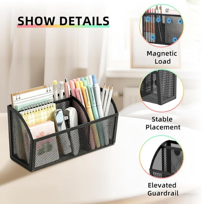 Magnetic Pencil Holder, Magnetic Organizer for Locker Accessories, Black | Mesh Marker Holder with Strong Magnets and 3 Compartments for Whiteboards Refrigerators and Magnetic Lockers