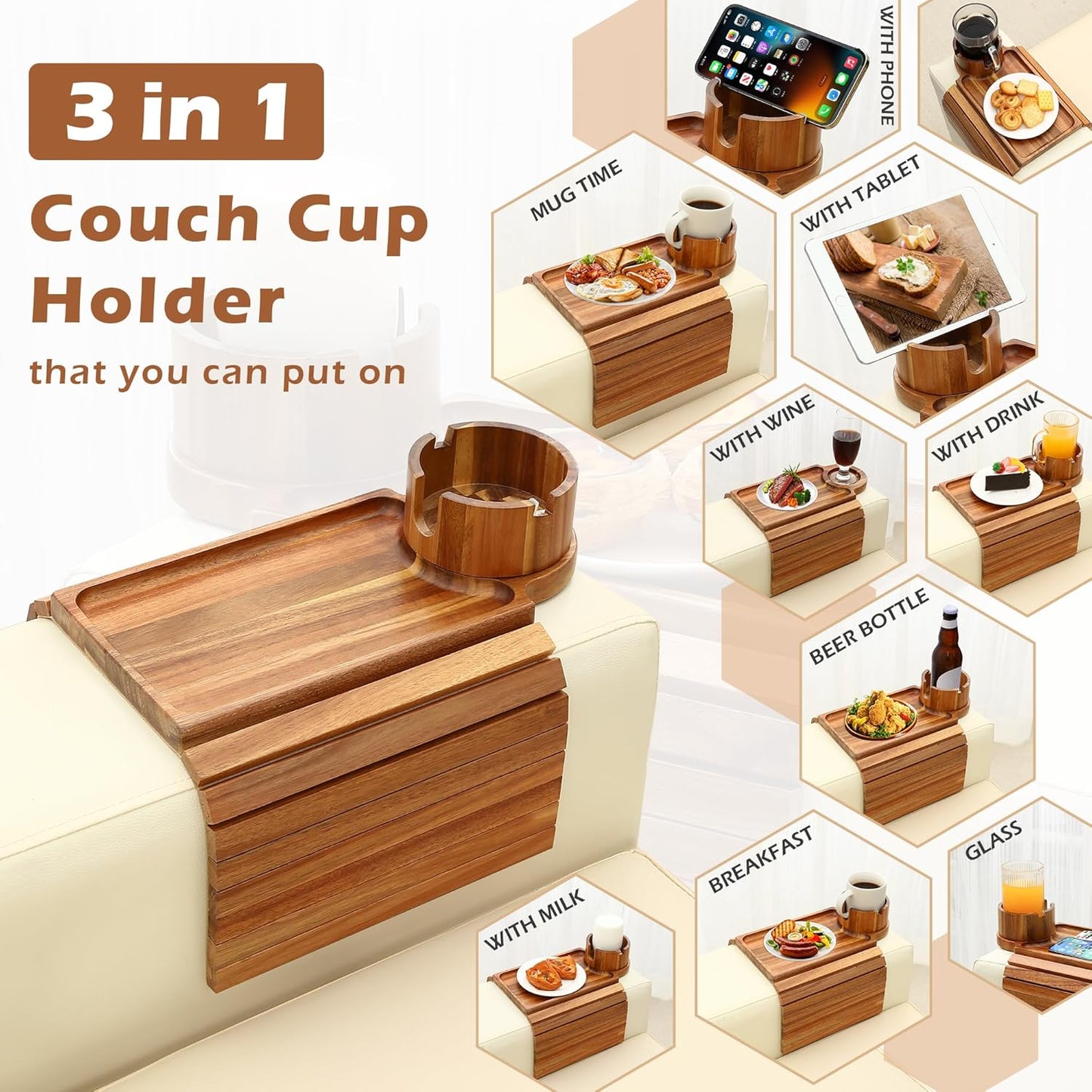GHKINMAL Couch Cup Holder Tray, 3 in 1 Couch Arm Trays,Large Bamboo Chair Arm Rest Tray with 360° Cup Holder,Removable Anti-Slip Organizer for Snack Eating