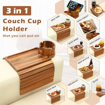 GHKINMAL Couch Cup Holder Tray, 3 in 1 Couch Arm Trays,Large Bamboo Chair Arm Rest Tray with 360° Cup Holder,Removable Anti-Slip Organizer for Snack Eating