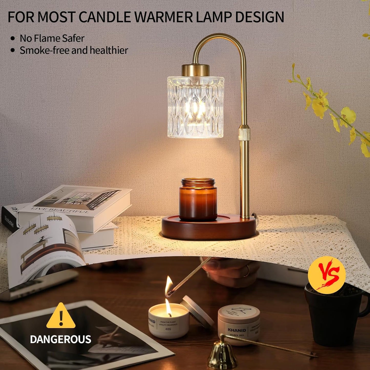 Candle Warmer Lamp with Timer and Dimmer,Electric Gold Light Gifts for Women Melt Wax Warmer Lamp with 2 Bulbs for Candle Jars House Warming New Home Decor Bedroom