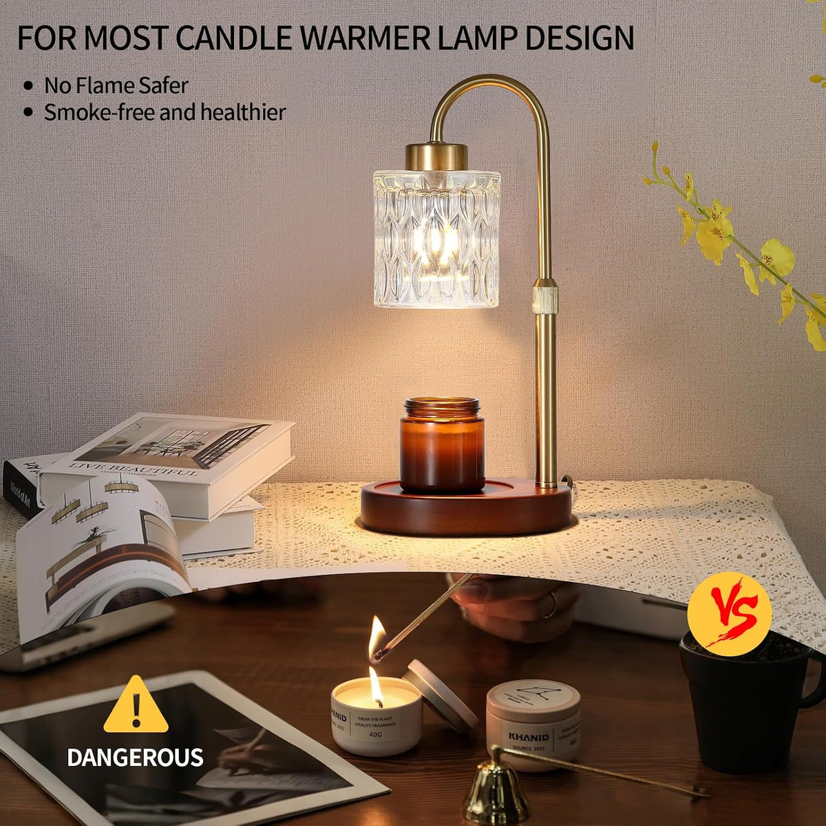 MEIXISUE Candle Warmer Lamp with Timer and Dimmer,Electric Gold Light Gifts for Women Melt Wax Warmer Lamp with 2 Bulbs for Candle Jars House Warming New Home Decor Bedroom