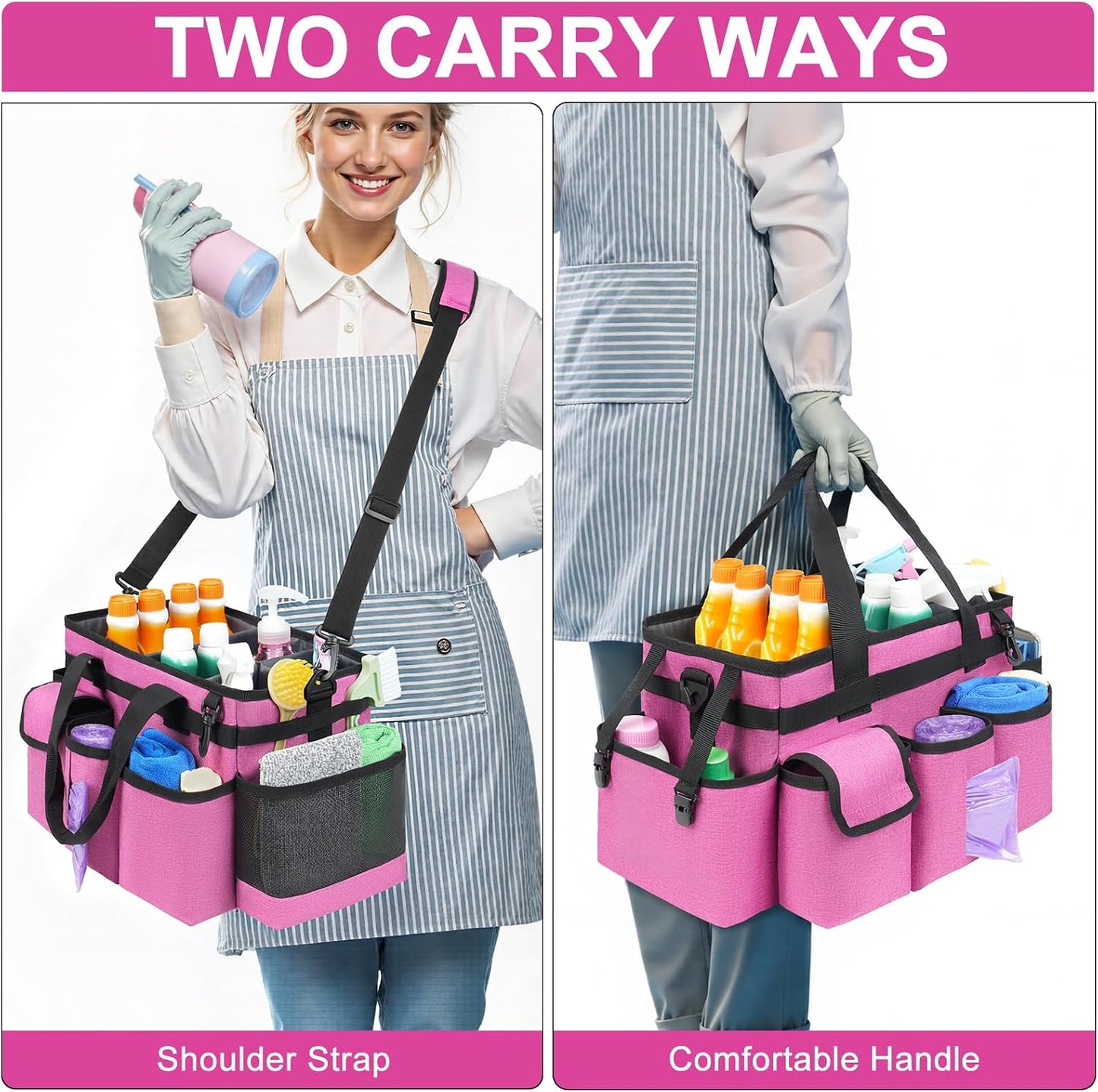 Cleaning Caddy Bag,Large Cleaning Supplies Organizer with Handle for Housekeepers,Purple