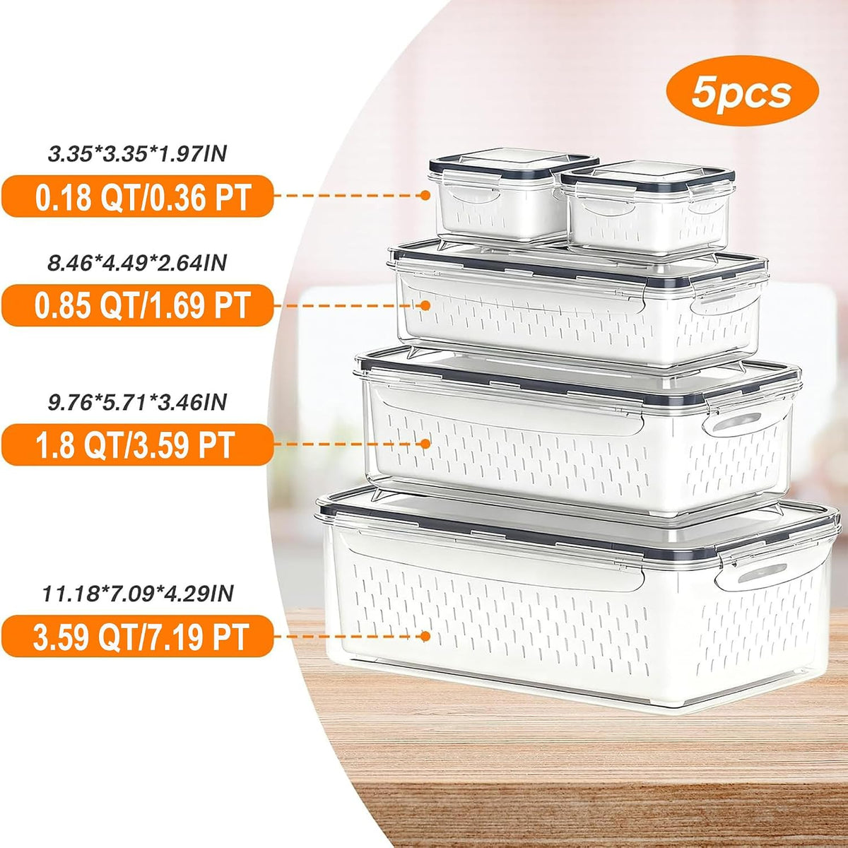 KUK Fruit Storage Containers for Fridge, Leakproof Food Containers with Removable Colander, Fruit Containers for Fridge BPA Free Produce Containers Keep Vegetables Berry Meat Fresh Longer
