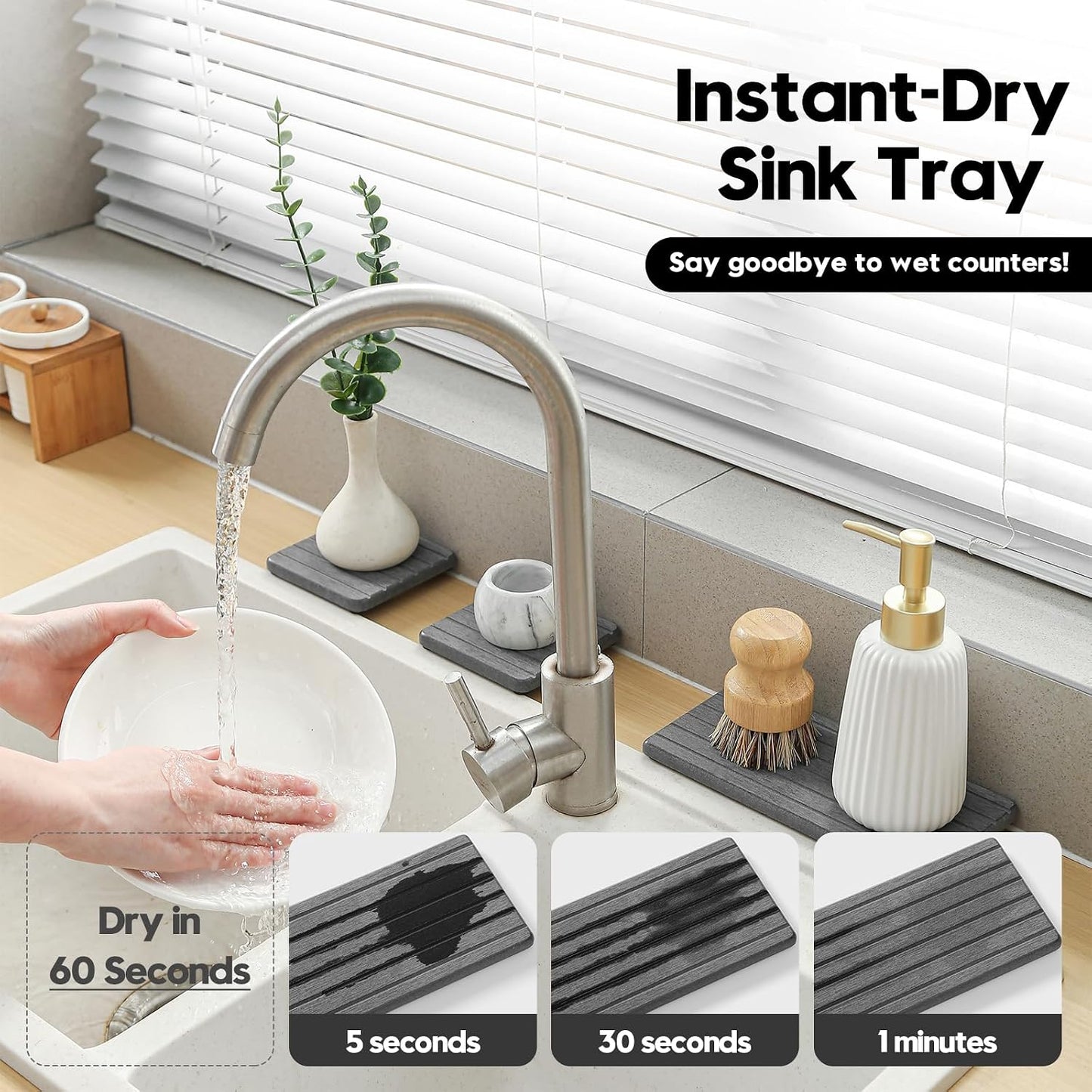3 Pack Water Absorbent Diatomite Coasters, Stone Drying Mat for Kitchen Counter, Bathroom Sink Organizer Tray, Compact Vanity Rack, Soap Holder Caddy, Faucet Splash Guard, White 8"x3.8"