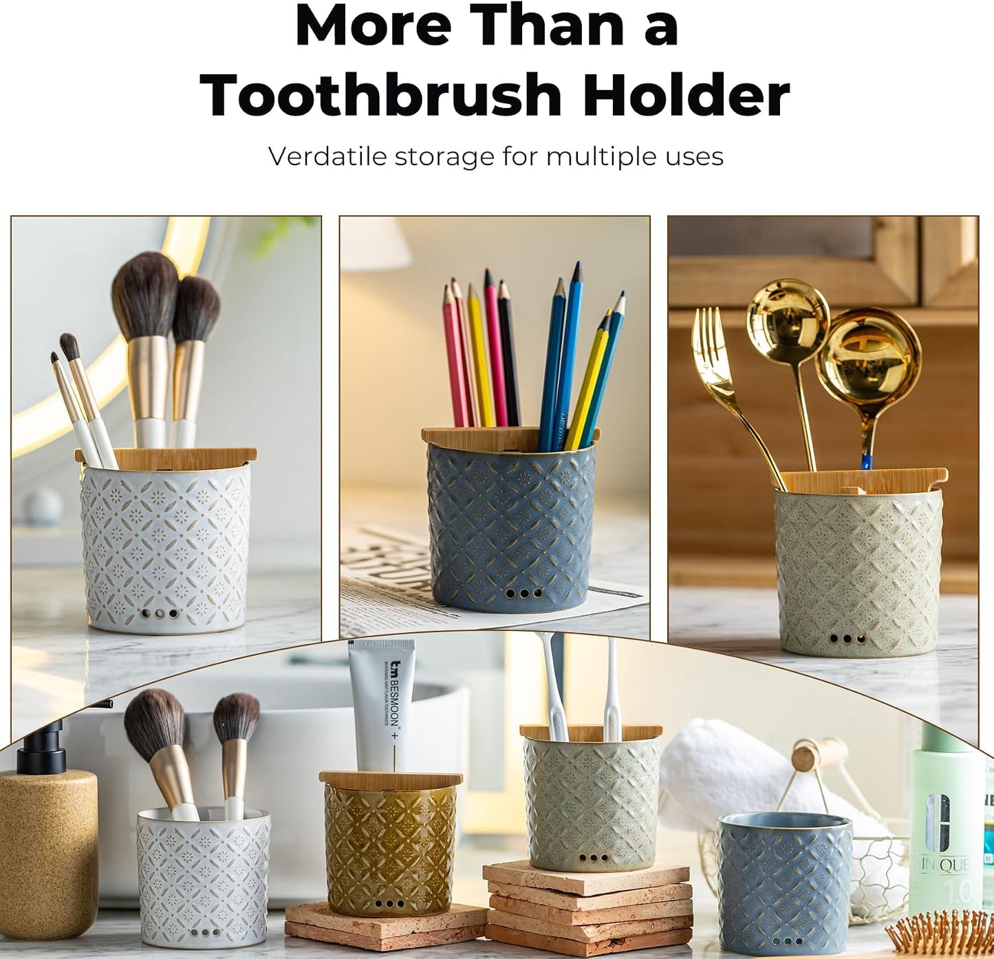 Zoeeker Toothbrush Holder with Drainage, Ceramic Toothbrush Holders Set | Electric Toothbrush & Toothpaste Holder for Bathrooms Self-draining Tooth Brush Cup Countertop Organizers for Family, Yellow