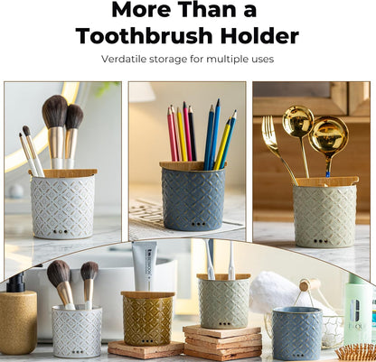 Zoeeker Toothbrush Holder with Drainage, Ceramic Toothbrush Holders Set | Electric Toothbrush & Toothpaste Holder for Bathrooms Self-draining Tooth Brush Cup Countertop Organizers for Family, Yellow