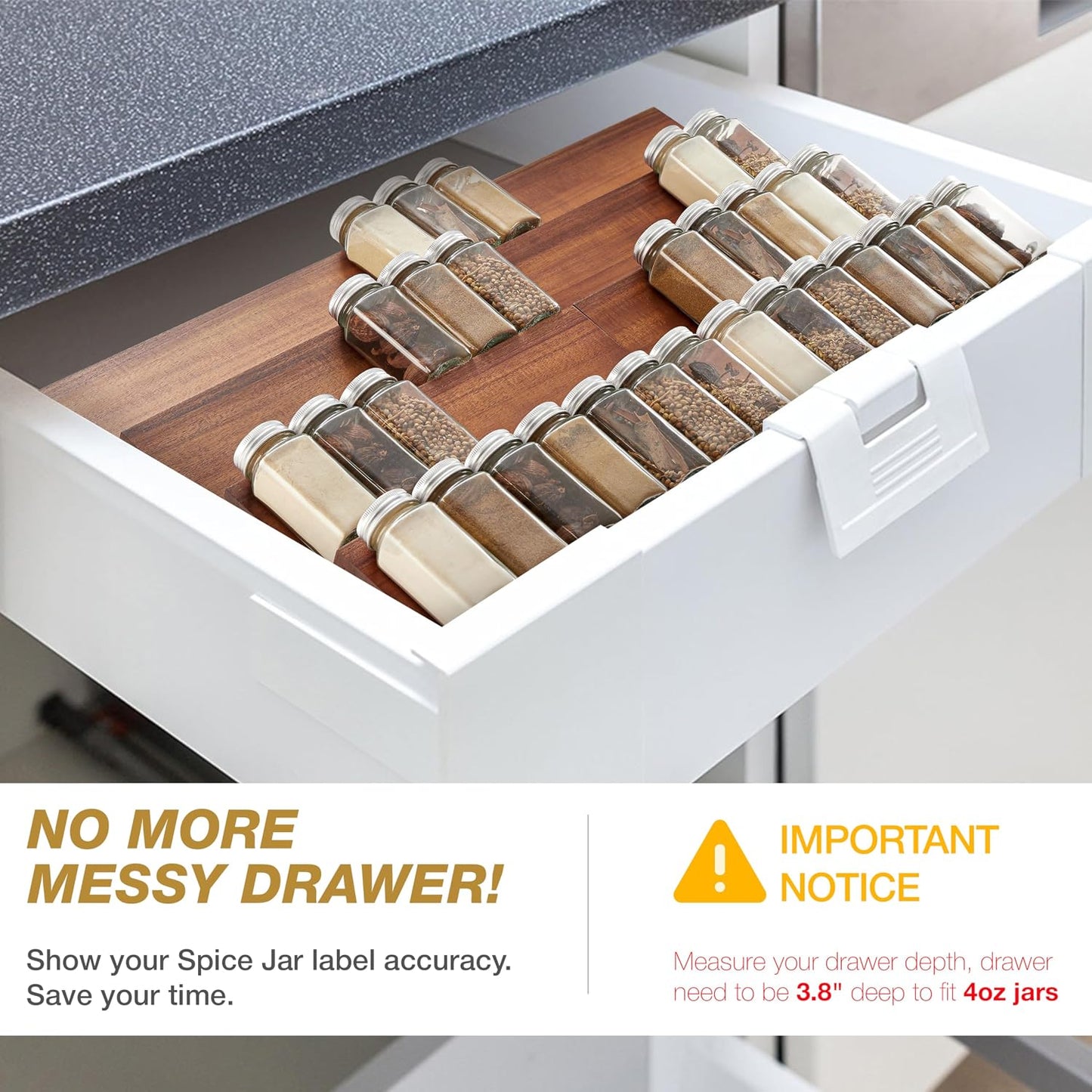 Tinamo Acacia Wood 4-Tier Spice Rack Organizer for Cabinet, Pack of 8 Pcs | Solid Acacia Wood Construction, No assembly, Stackable 4-tray design, Spacious for up to 64pcs 4oz Jars, Easy to Clean