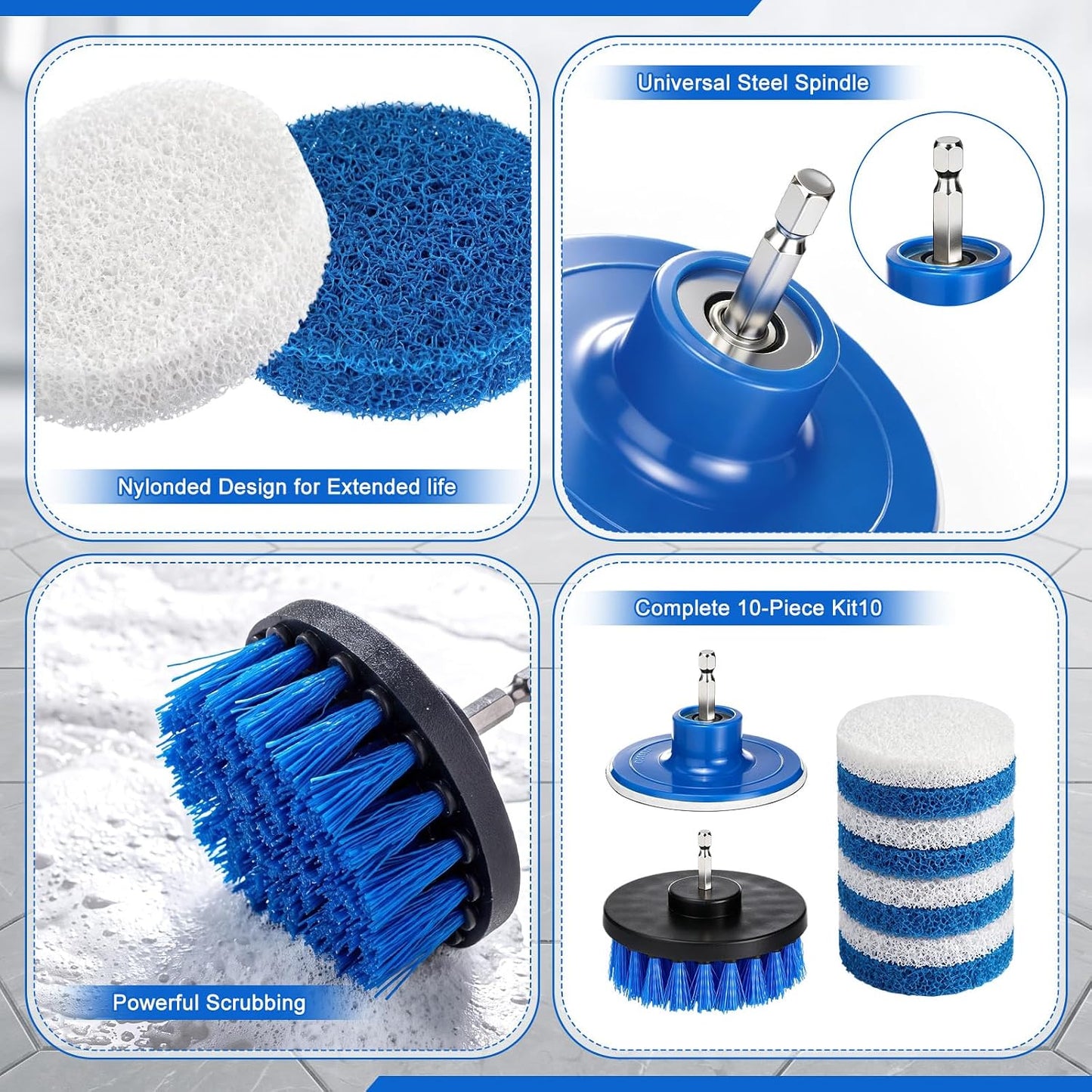 10 Pack 4 in Drill Powered Scrubber Pads Cleaning Kit | Drill Brush Attachment with Drill Brush, for Cleaning Bathrooms Showers, Tubs, Tile, Floors, Sinks, Toilets, Grime Removal