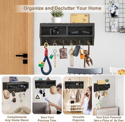 Key Holder Wall Mount with Mail Organizer, 6 Hooks & Shelf, Brown | Wood Key Holder Wall Mount with 6 Key Hooks, Shelf & Storage Box and Mail Organizer for Entryway, Apartment, Home and Office
