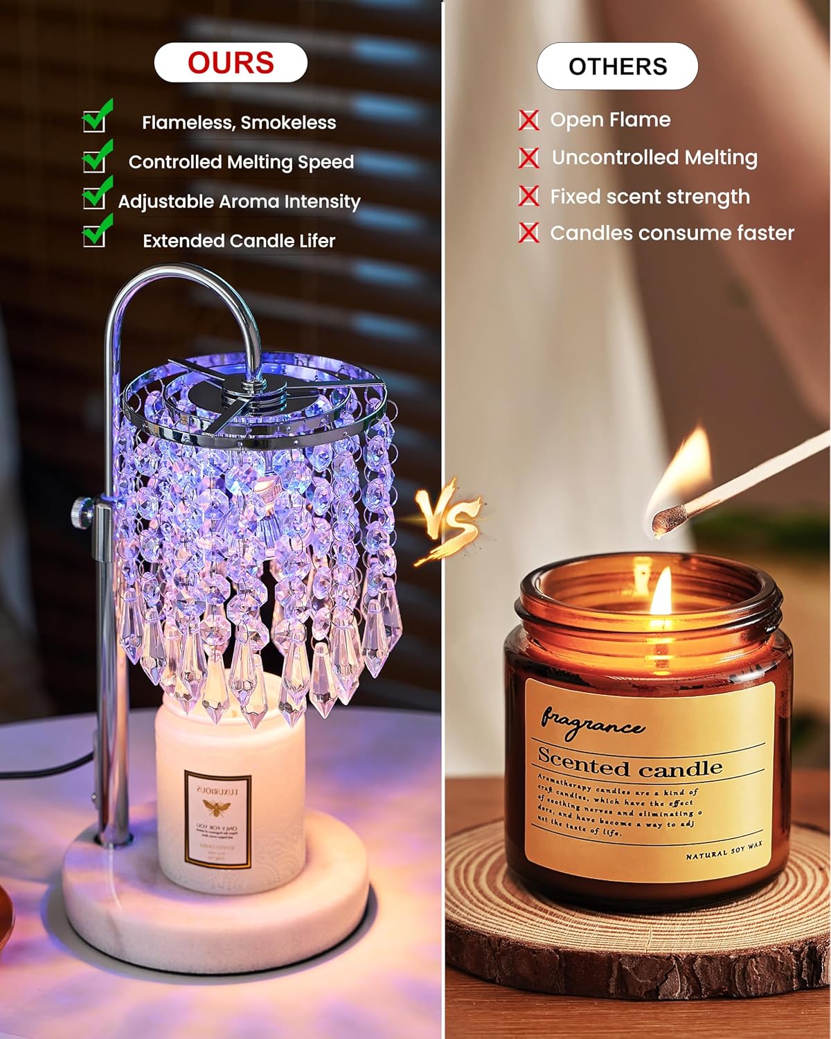 Candle Warmer Lamp with Timer Dimmer and 3 Bulbs, Candle Lamp Warmer with Marble Base for Adjustable Height, Crystal Candle Lamp for Jar Candles, House Warming Gifts Home Room Decor, Silver