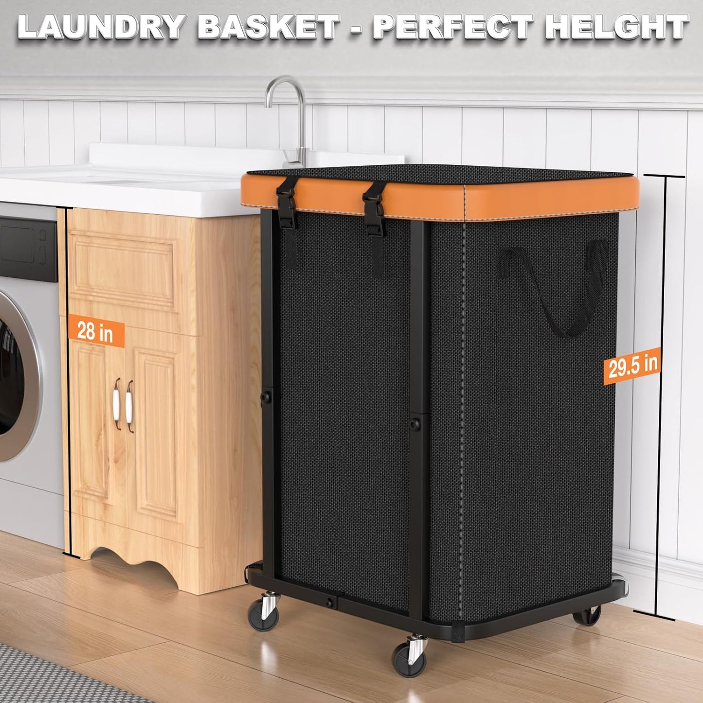 Laundry Hamper with Wheels,150L Leather Patchwork Clothes Hamper Black | Rolling Laundry Basket with Sturdy Metal Frame, Removable Washable Bag,Tall Clothes Sorter for Bedroom, Laundry Room, Dorm
