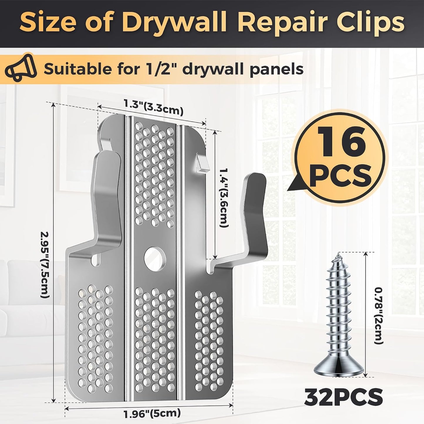 32 Pack Drywall Repair Clips,Easy Install Drywall Clip, Drywalls Patch Clip | Drywall Repair Kit for Damaged Wall and Sheetrock, Metal Drywall Clips for Backing, Drywall Fasteners For 1/2" & 5/8" Panels