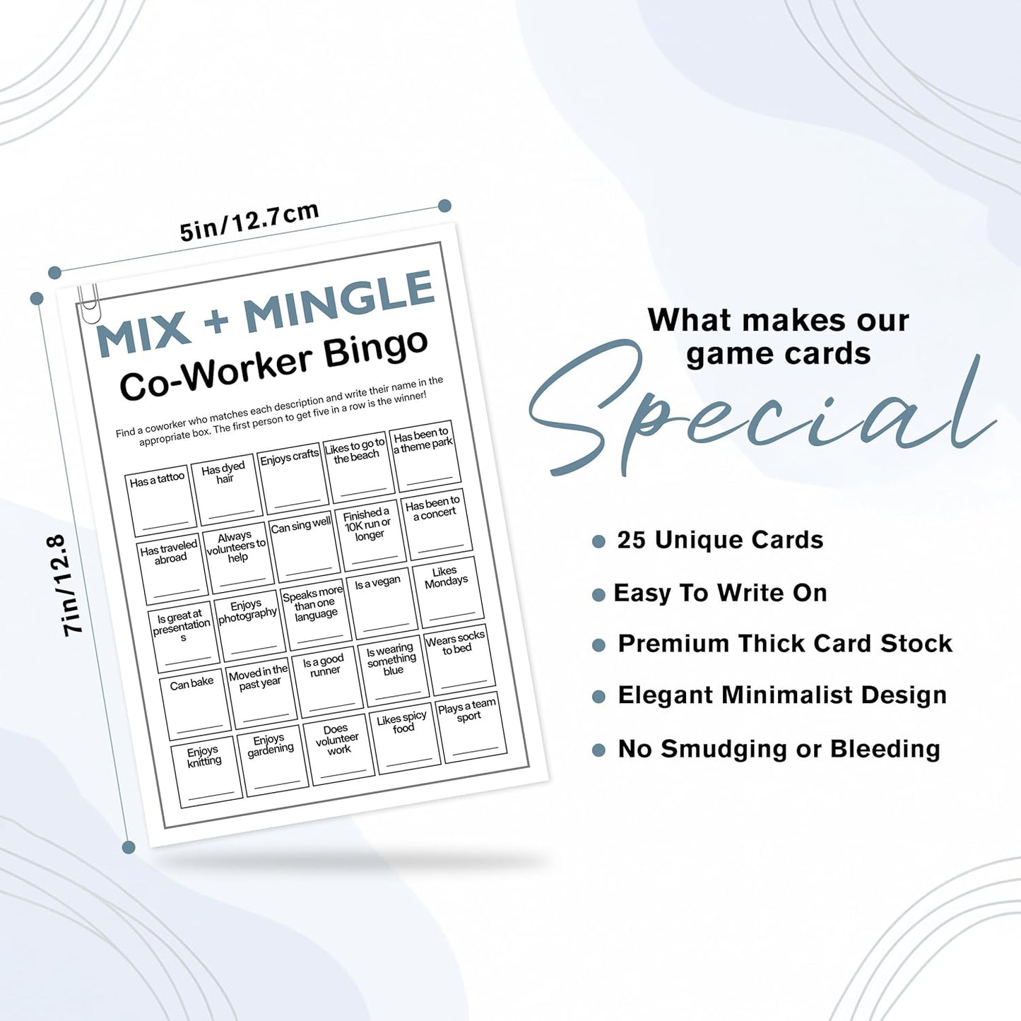 Find Someone Who Bingo Cards, 25 Unique Randomized 5x7 Sheets, Get to Know You Bingo Game for Adults, Ice Breaker Office Party Games, Team Building Games for Work, High Replay Value - A05