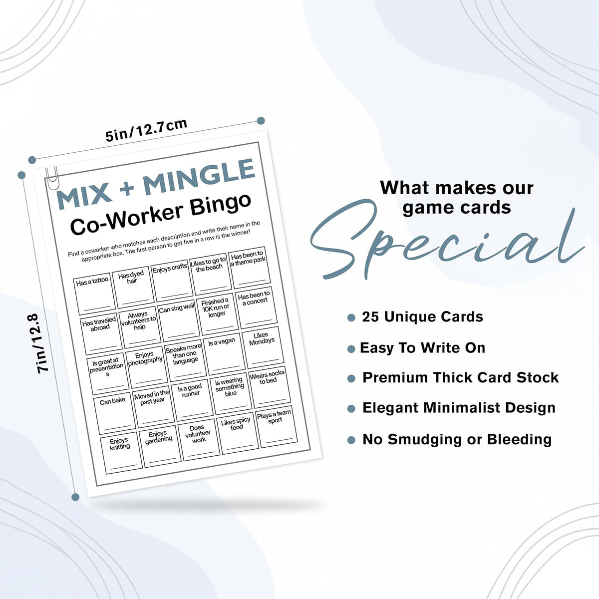 Find Someone Who Bingo Cards, 25 Unique Randomized 5x7 Sheets, Get to Know You Bingo Game for Adults, Ice Breaker Office Party Games, Team Building Games for Work, High Replay Value - A05